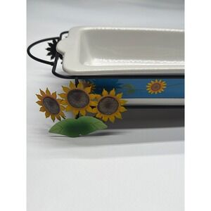 Ceramic Baking Dish with Metal Stand Sunflowers Blue Farmhouse Kitchen Serveware